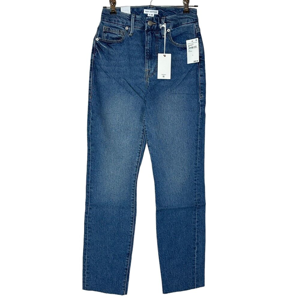 Good American Classic Raw Hem High Rise Jeans Skinnyish Fit Blue940 0/25 NWT